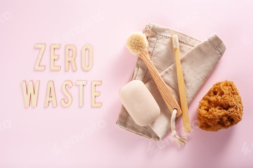 Preview: zero waste eco friendly hygiene bathroom concept. wooden toothbrush soap brush natural sponge