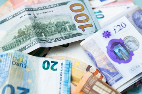 Preview: close up of a dollars and euro. Background from different banknotes