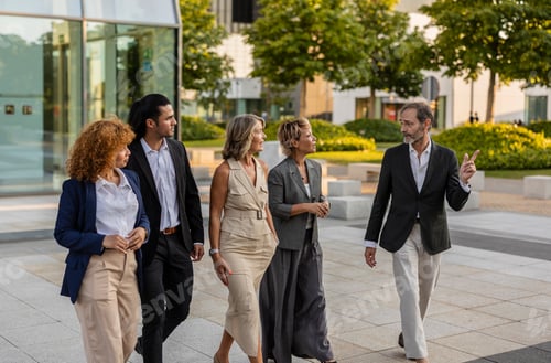 Preview: Diverse business professionals walking and discussing in urban area