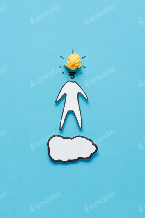 Preview: top view of cardboard man with head made of crumpled paper on blue background, ideas concept