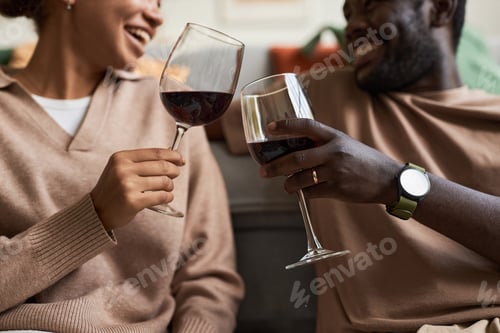 Preview: Close up of Black couple toasting with wine glasses at home