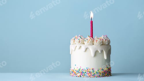 Preview: Celebration birthday cake with white drip icing and colorful sprinkles