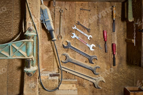 Preview: Closeup shot of industrial tools in the sawmill