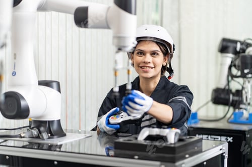 Preview: Female Engineer check and control automation robot arms machine in factory. robotics manufacturing.