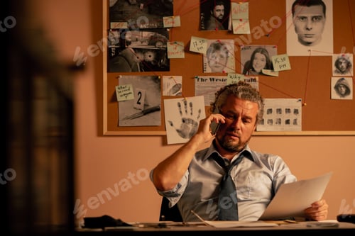 Preview: close-up of a detective's office a middle-aged investigator in a shirt and tie sitting at a table