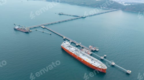 Preview: LPG ship, Oil tanker ship. Red Oil Tanker ranchored in Gas terminal gas tanks for storage.