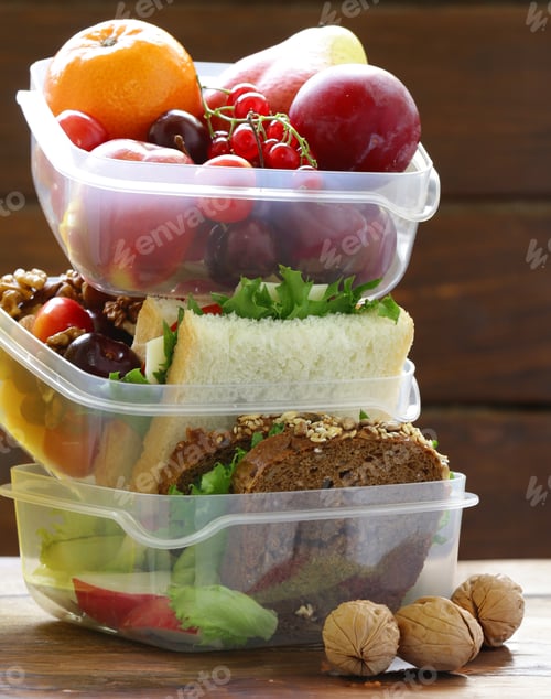 Preview: lunch box with fresh fruit and sandwich