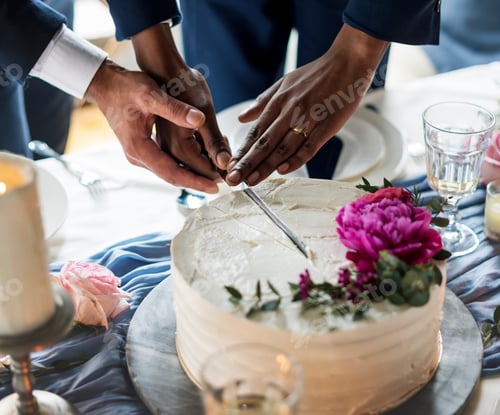 Preview: Gay Couple Hands Cutting Wedding Cake