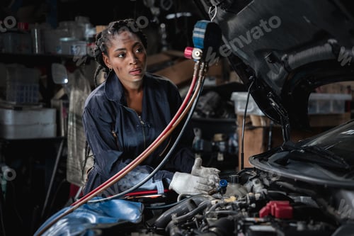 Preview: Mechanics inspect and check the refrigerant and fill the car air conditioner in the garage.