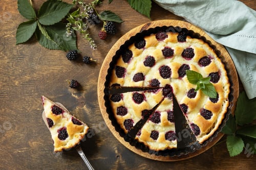 Preview: Sweet pie with blackberry and custard on wooden table.