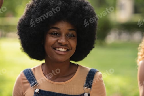 Preview: pretty african american woman with curly hair smiling in the park