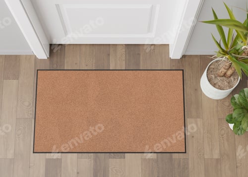 Preview: Blank brown door mat on the floor at home. Welcome mat with copy space for your text. Doormat