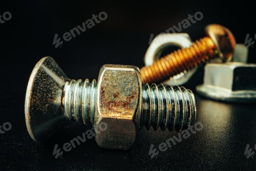 Preview: Metal screws and nuts on black background
