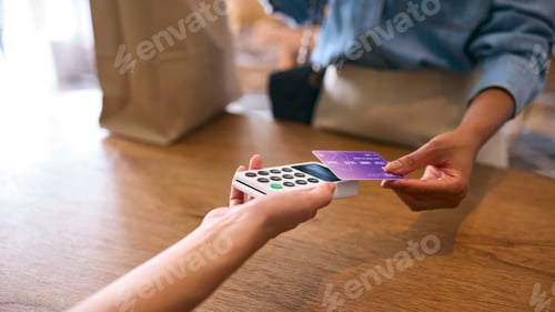 Preview: Close Up Of Female Customer In Fashion Store Paying For Clothes With Contactless Card Payment