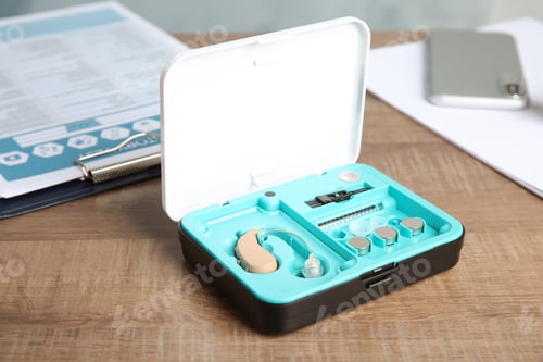 Preview: Box with hearing aid set on wooden table. Medical device