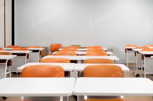 Preview: a back to school concept, empty classroom with white tables and chairs