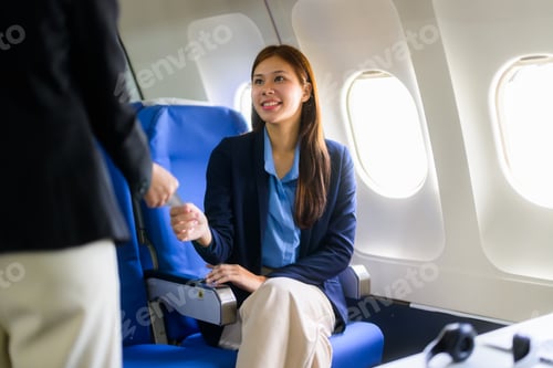 Preview: Woman passenger receiving ticket from flight attendant on airplane