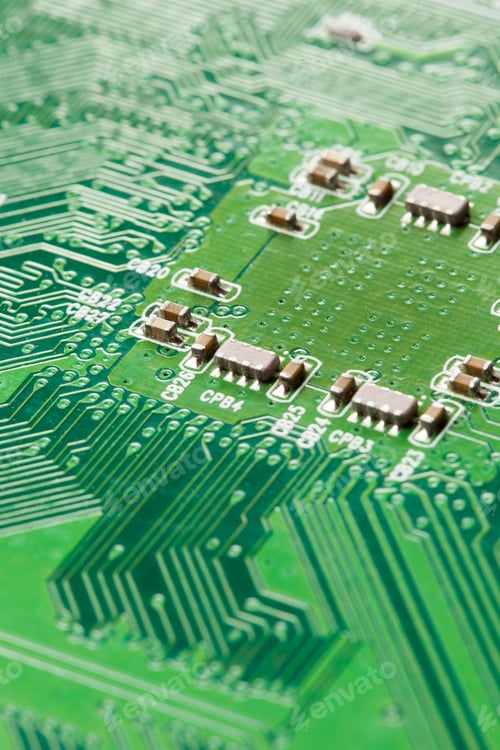 Preview: Green Electrical Circuit Board with microchips and transistors