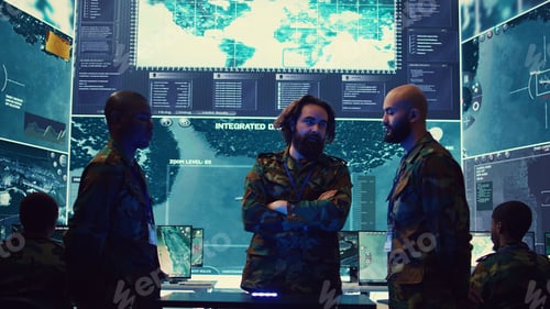 Preview: Army superior officers creating an attack plan using a hologram