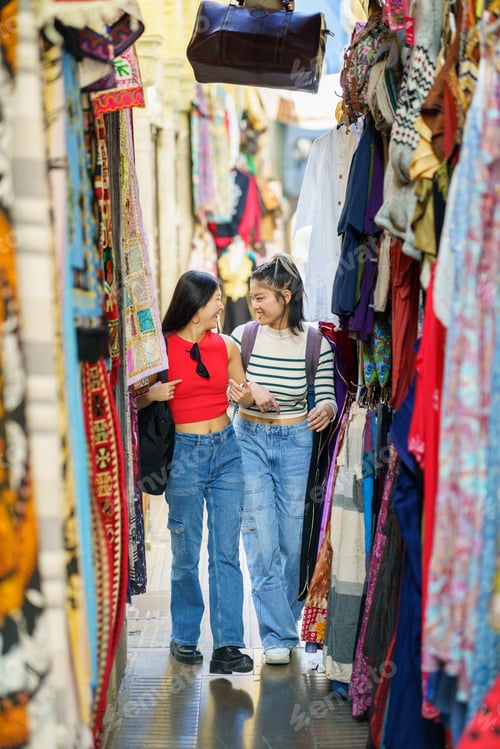 Preview: Two Chinese women tourists shopping clothes in street bazaar
