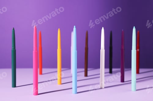 Preview: Colorful twist up eye pencils on purple background, closeup