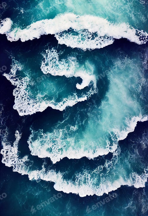Preview: Aerial drone view with of crashing waves in crystal ocean. Top view. Blue clean wavy sea water.Blue