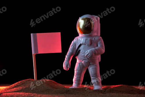 Preview: front view of white astronaut with white flag on dark desk discovery moon cosmic