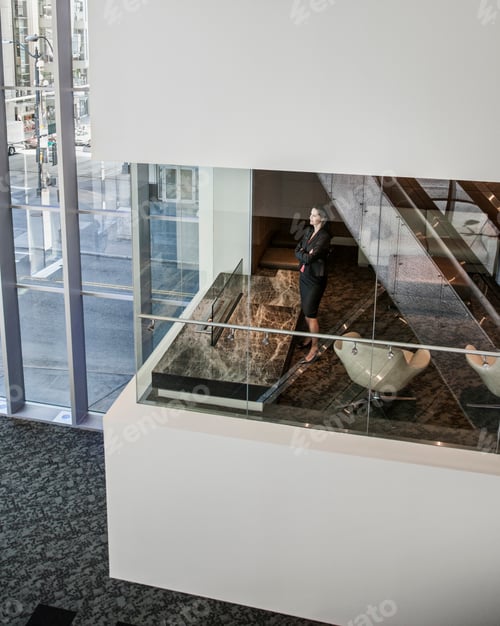 Preview: Businesswoman standing in a conference room window in a large business center.