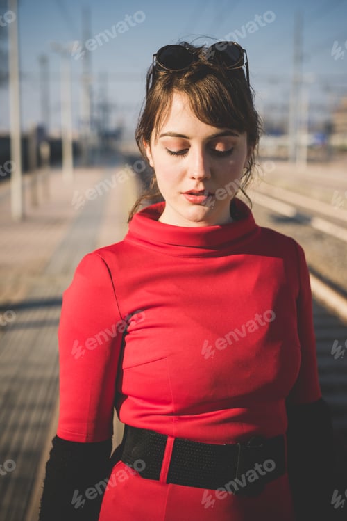 Preview: young beautiful red dressed vintage hipster woman