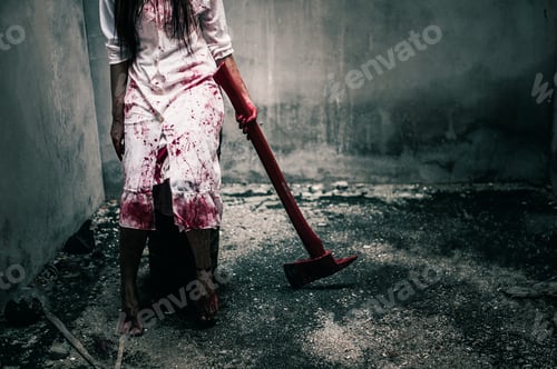 Preview: Ghost woman with bloody axe in her hand in the dark. nightmare, horror of scary fear on hell is mons