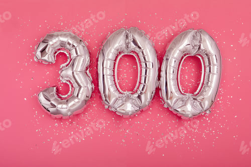 Preview: Silver balloon showing number 300 three hundred pink background