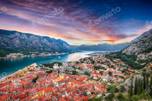 Preview: Aerial evening view of Kotor bay and Old Town from hill of Lovcen Mountain.