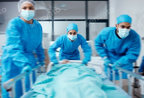 Preview: Busy, medical staff and push patient in for surgery, healthcare and emergency in hospital. Fast tea