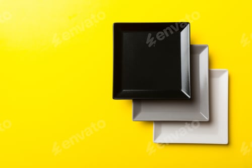 Preview: Top view of isolated of colored background empty square plate for food. Empty dish with space