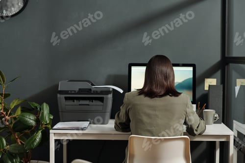 Preview: Rear view of young brunette secretary sitting on chair in front of computer