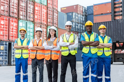 Preview: Portrait group of male and female worker working in container terminal.
