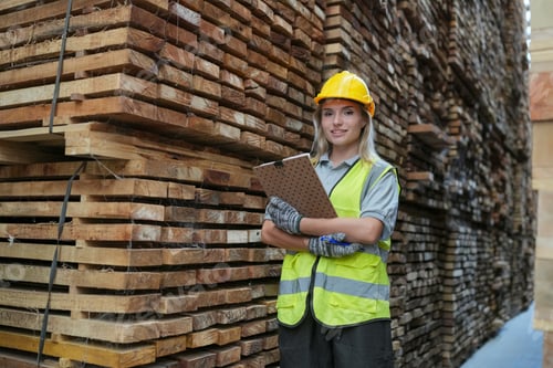 Preview: Woman with checklist in a timber and lumber warehouse. Product acceptance and quality control