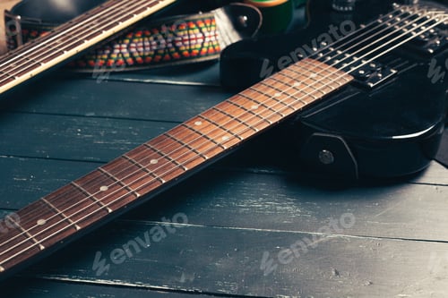 Preview: Electric guitar body and neck detail on wooden background