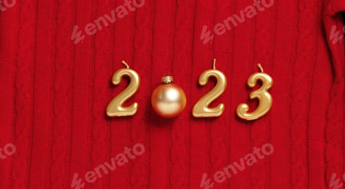 Preview: New year celebration. Date red knitted background. Beautiful festive new year mockup