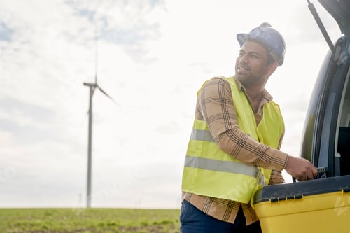Preview: Latin maintenance engineer taking a tool box out of the car