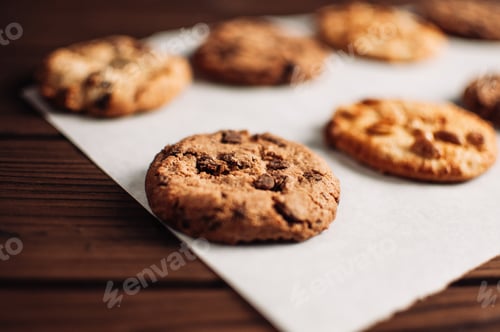 Preview: Chocolate covered cookies lay on a parchment paper in a row.