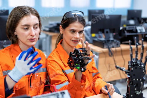 Preview: Girl engineer in robot industry fabrication research room simulate testing robot arm on operation