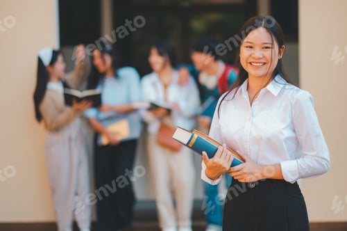 Preview: A woman is smiling and holding a book in front of a group of people