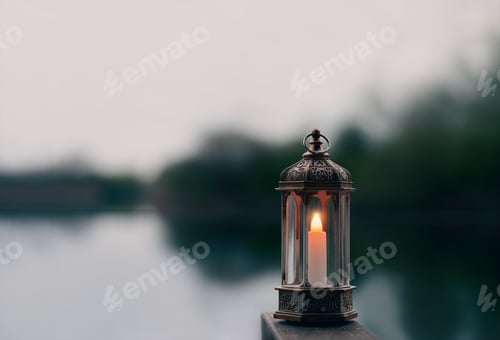 Preview: Ramadan Kareem, Arabic lantern with burning candle with blurry natural background.
