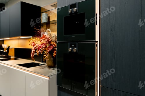 Preview: in professional expensive kitchen, a view of the cabinet with ovens in the closet area for cooking