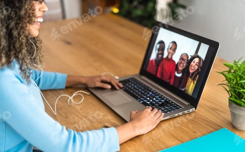 Preview: Happy African family doing video call using laptop at home - Technology and communication concept