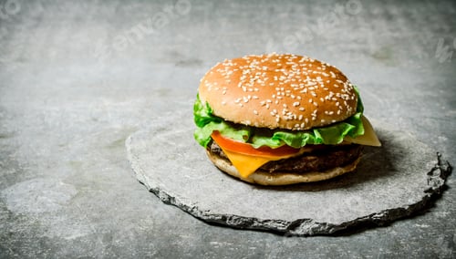 Preview: Fresh Burger with cheese and meat on a stone stand.