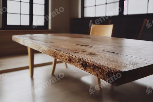 Preview: Empty wood table and blurred light table in shopping mall with bokeh background.wooden table and bla