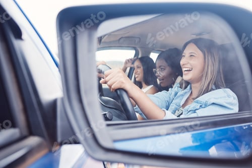 Preview: Happy, mirror and friends with women in car driving for road trip, vacation and transportation. Sum