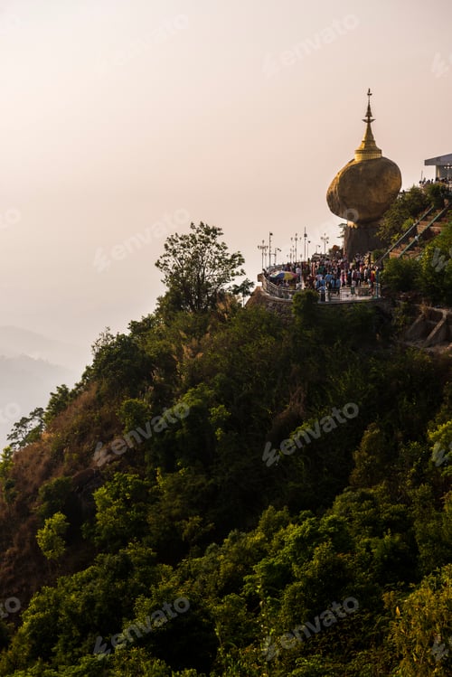 Preview: Golden Rock Stupa (Kyaiktiyo Pagoda) at sunset, Mon State, Myanmar (Burma)